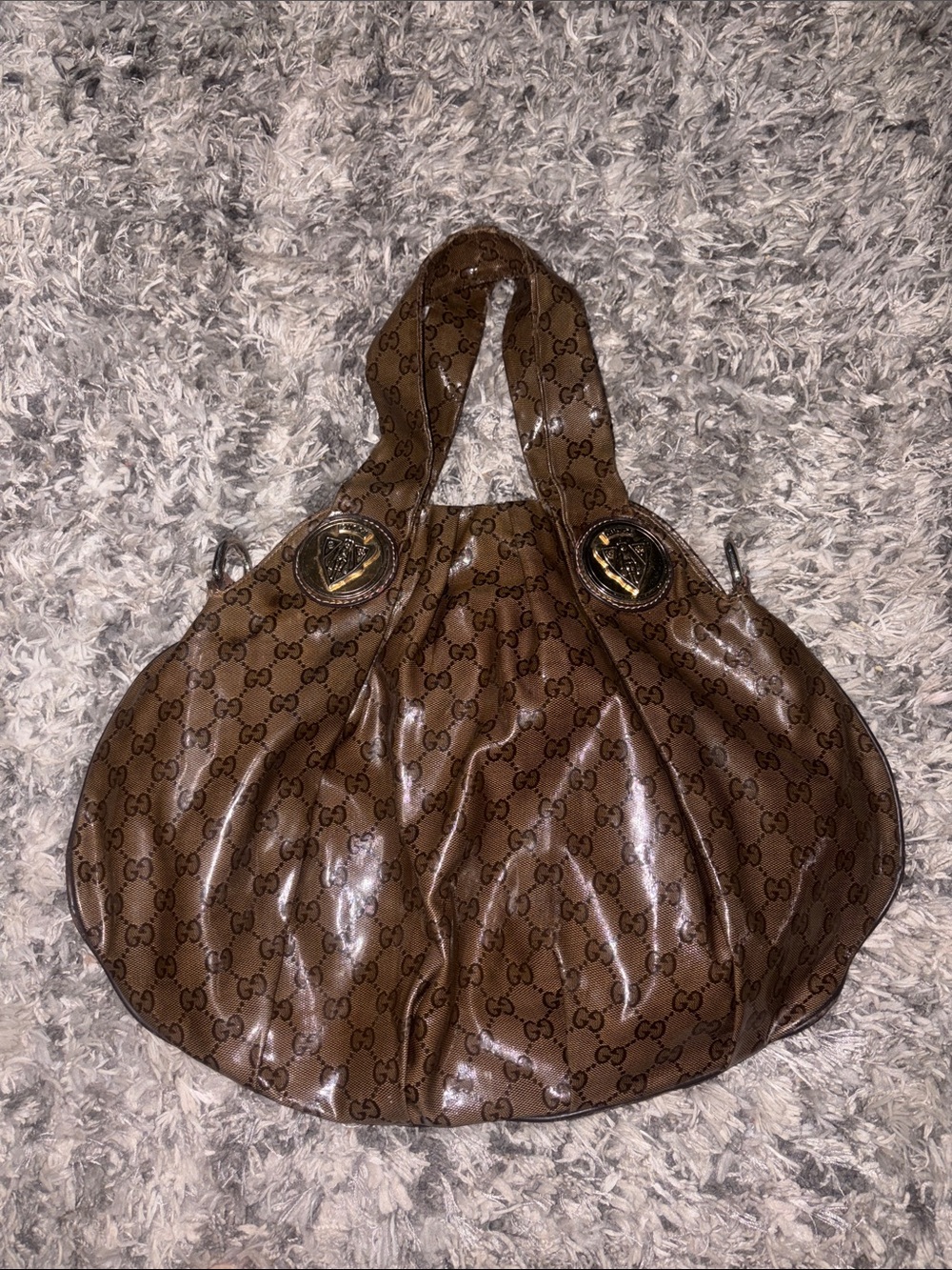 Gucci Brown Monogram Patent Shoulder Hobo Bag